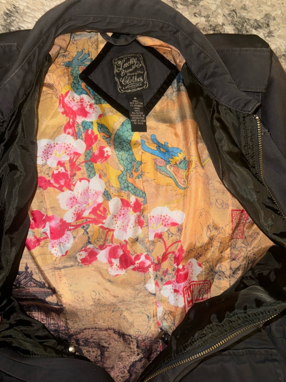 Lucky Brand Black Utility Jacket with Embroidered Crane Motif - Picture 4 of 5